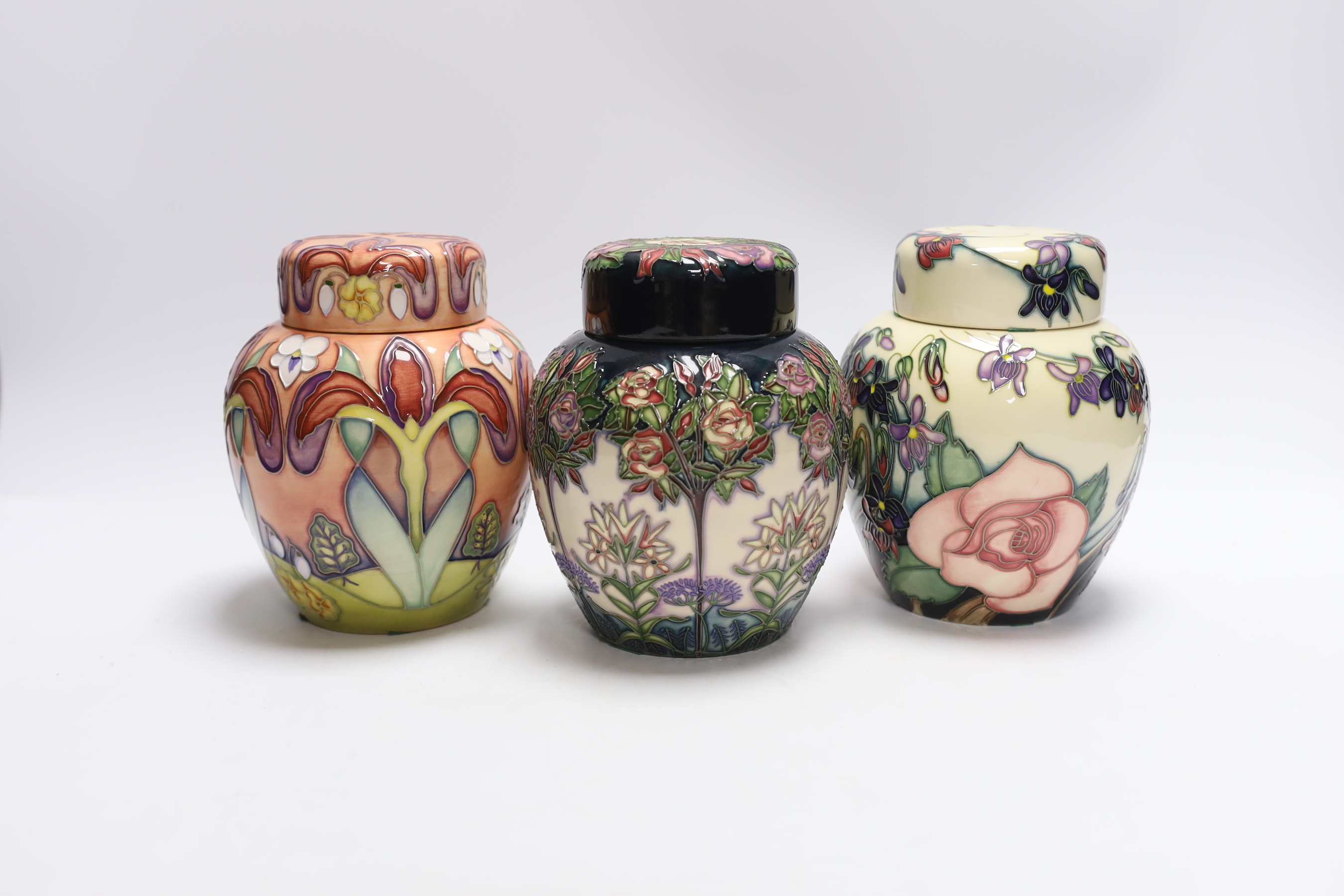 Three Moorcroft Shakespeare collection ginger jars; Winter's Tale, Romeo & Juliet and Twelfth Night patterns, all limited edition of 250, 15cm high